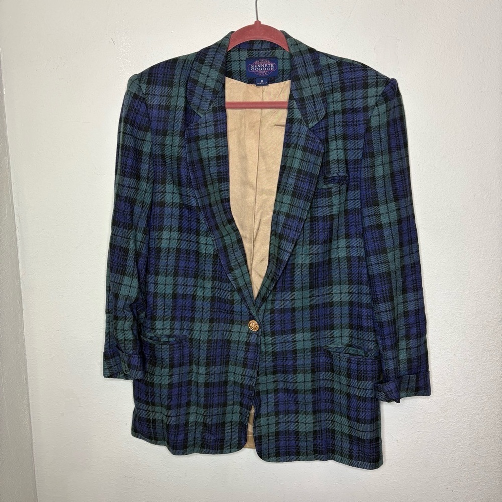 Vintage Green and Blue Checkered Plaid Blazer Size 8